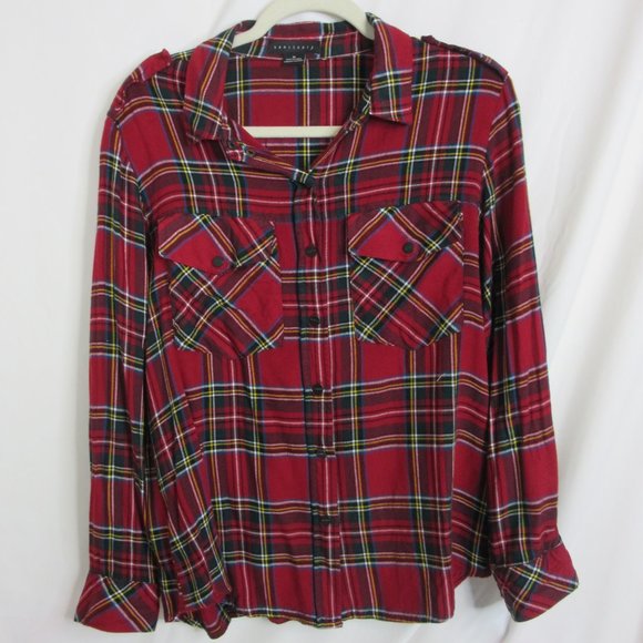 Sanctuary Red Plaid Button-Up Boyfriend Long Sleeve Snap Shirt Size Medium - Picture 2 of 7